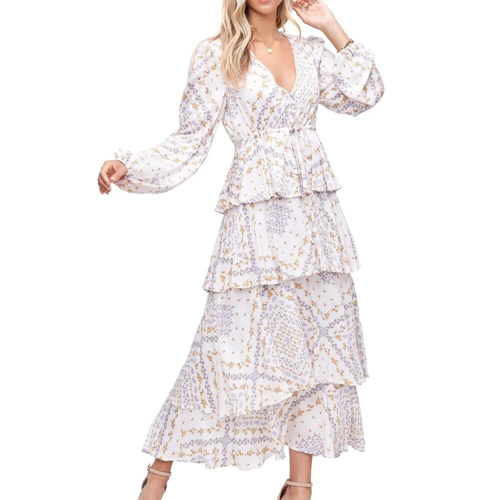 En Saison Paisley Long Sleeve Midi Dress Women's Medium Ruffles Romantic Boho